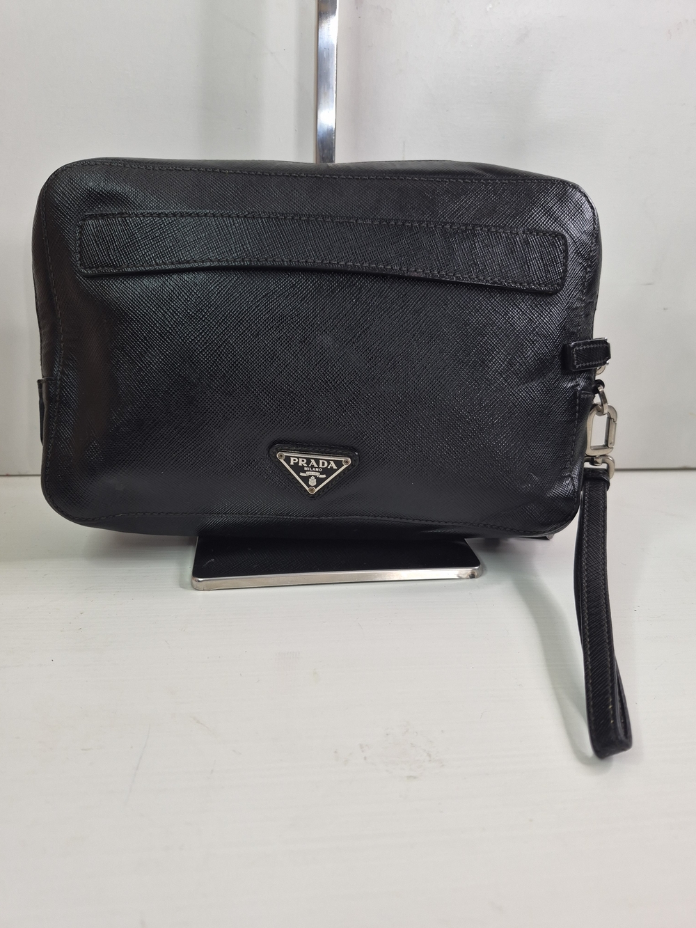 Prada Black Saffiano Leather Wrist Pouch
